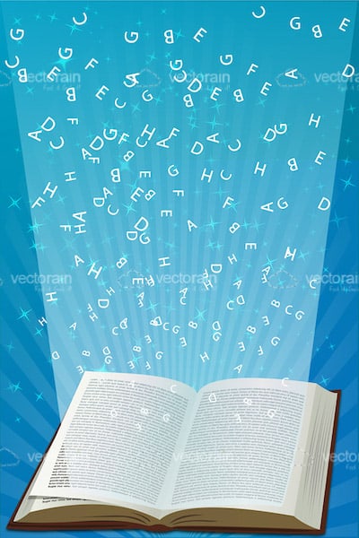 Open Book with Beam of Light and Letters